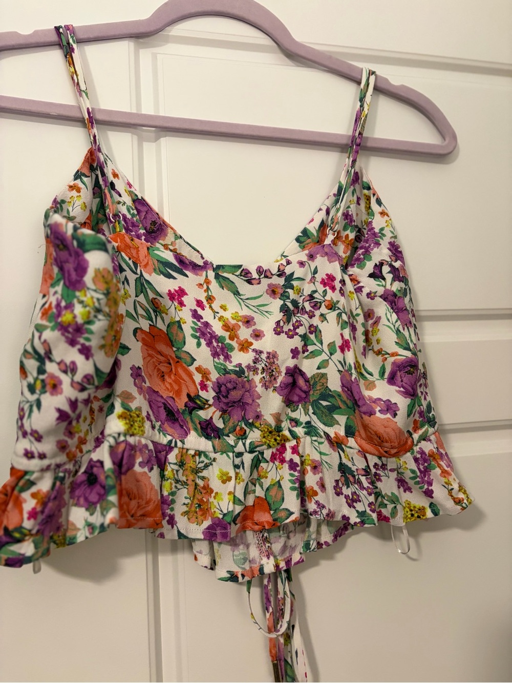 AFRM White Floral Ruffle Cami with Purple & Orange Blooms